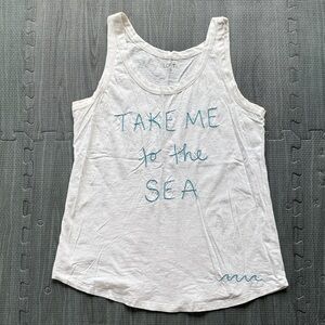 LOFT White Tank Top with Teal "Take Me to the Sea" Script